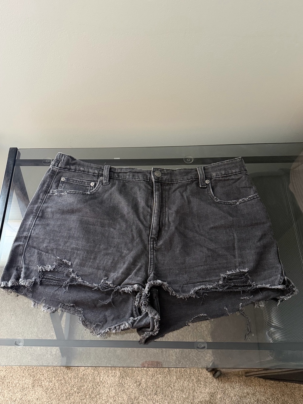 aerie Black Distressed Frayed Hem Denim Shorts